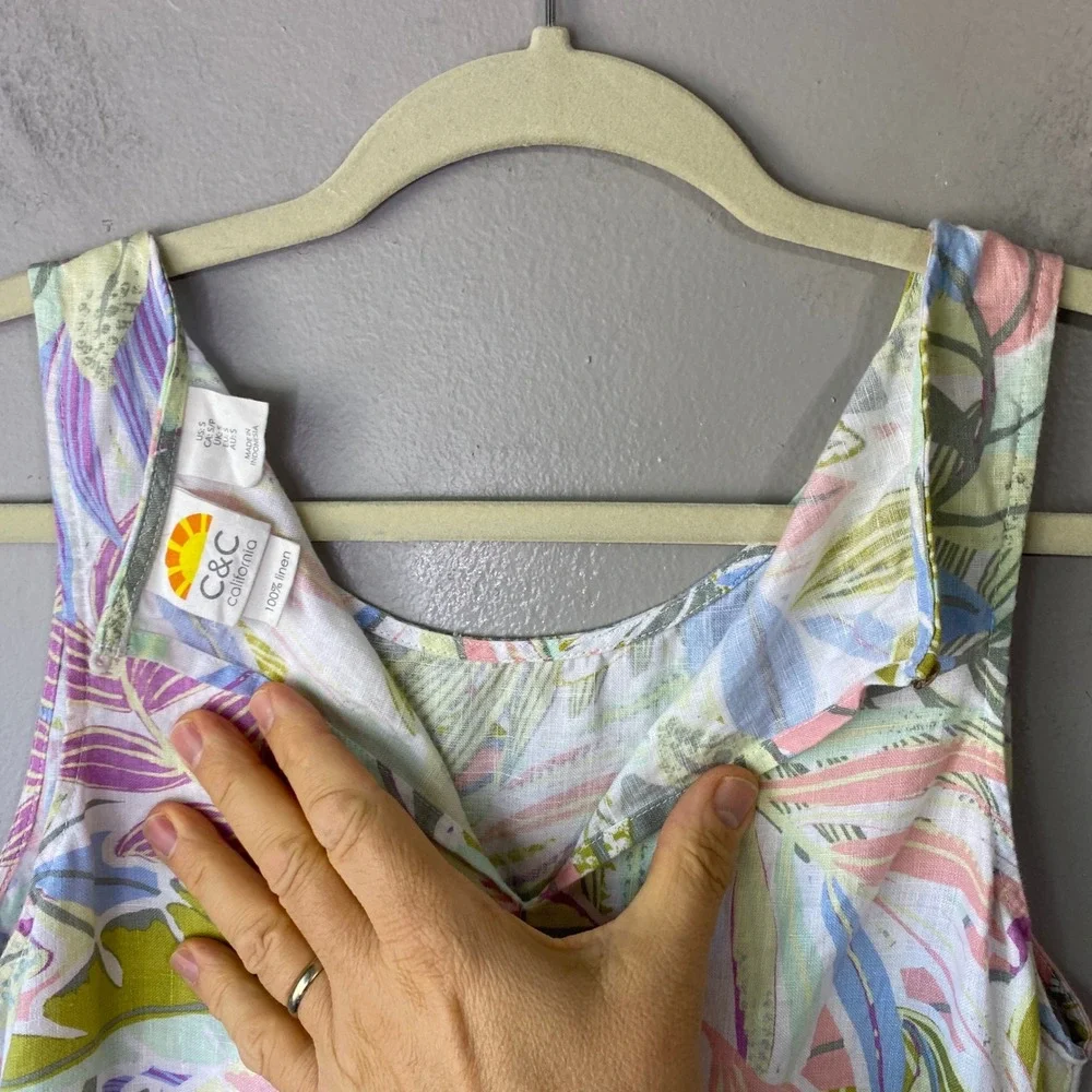 C&C California Women 100% Linen Tropical Pastel Floral Shift Dress Small Pockets